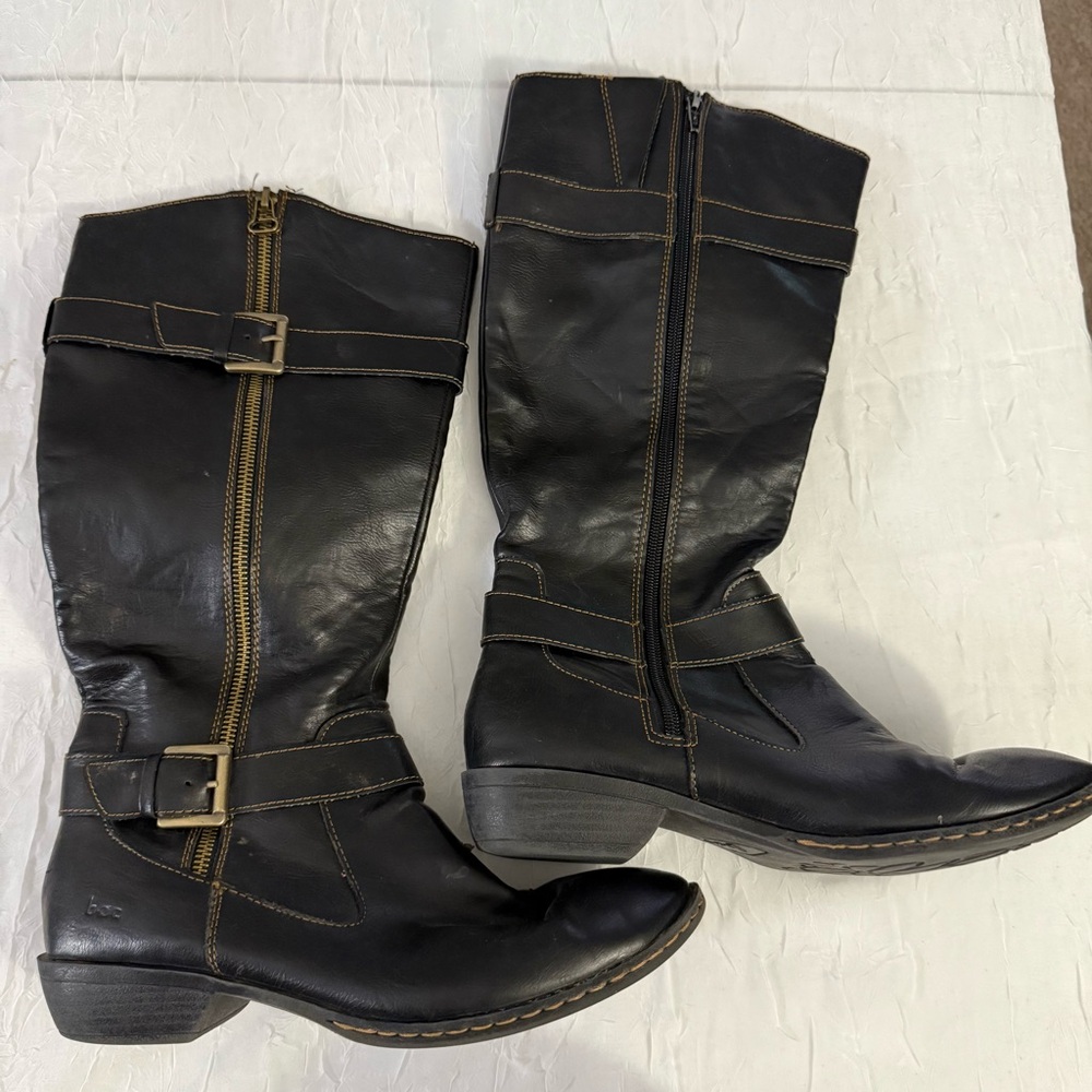 boc Black Leather Heeled Boots with Buckle Detail